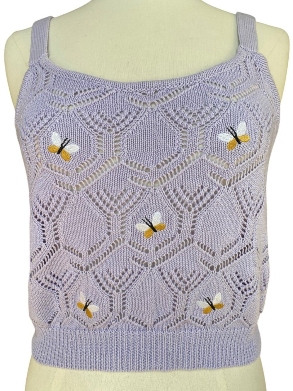 Nikka K Pointelle Knit Butterfly Embroidered Crop Sweater Tank Lavender Twee-M